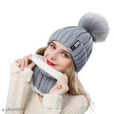 Soft women's acrylic cap & neck scarf with fur inside, warm for winter, trendy style