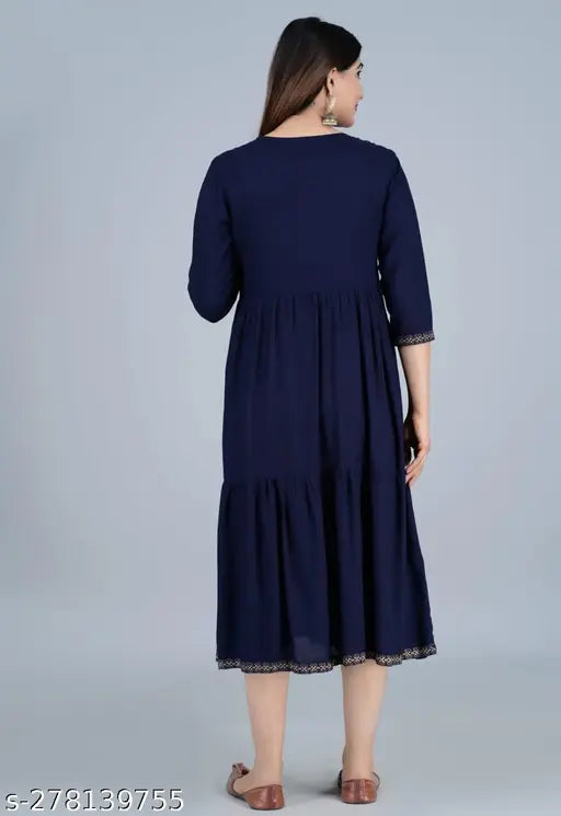 Blue Rayon three-quarter sleeve shirt, solid blue color, M (38in bust, 42in length), L (40in bust, 43in length), XXL (44in bust, 45in length)