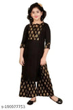 Black rayon kids' kurtas & palazzos with printed pattern, floor length, three-quarter sleeves. Suitable for 8-13 years. Indian origin