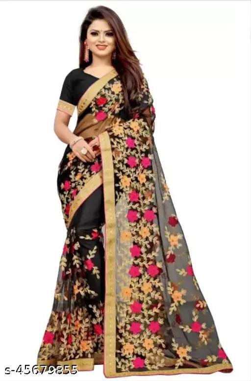 Embroidered net sari with satin silk blouse, featuring floral embroidery and beads. Indian handcrafted Alisha Fabulous saree for parties or weddings. Free size (5.3m saree length, 0.8m blouse length)
