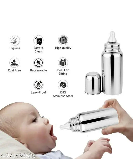 BPA-free 250ml stainless steel feeding bottle, 304 grade, for kids, India-made, spill-proof with food-grade silicone spout