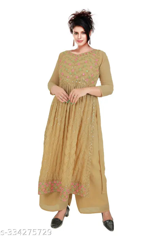 Georgette embroidered kurti set with palazzos and dupatta, three-quarter sleeves, printed pattern on India-made garments