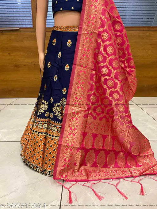 11-12 years kids' Jacquard Art Silk choli with zari woven pattern, three-quarter sleeves. Indian semi-stitched Lehnega for festive wear