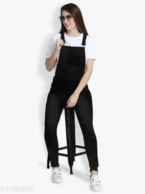 Stylish denim sleeveless dungaree jumpsuit for partywear, solid pattern, size L (bust 36", length 44", waist 30")