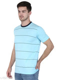 Round neck striped cotton t-shirt for men, short sleeves, printed net pattern, size S (38in chest, 26.5in length), made in India
