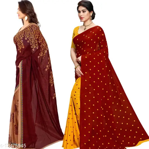 Two printed Georgette sarees with separate blouse pieces, free size from Anand Sarees, Indian origin