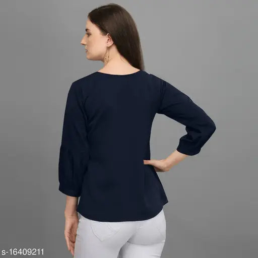Navy Blue Embroidered Western Top, polyester with three-quarter sleeves, embroidery details, women's fashion clothing on hanger