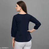 Navy Blue Embroidered Western Top, polyester with three-quarter sleeves, embroidery details, women's fashion clothing on hanger