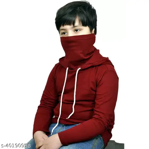 Maroon cotton blend boys' hooded t-shirt with mask, solid color long sleeve for cool weather