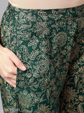 Green rayon kurta set with printed net palazzo bottoms, three-quarter sleeves