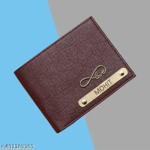 Brown faux leather custom name wallet for boys, personalized with 5 compartments and printed net pattern, ideal for gifting, WhatsApp 9654485471 to order (YTR05)