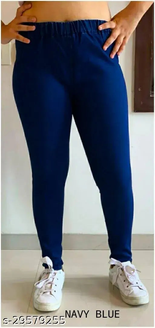 Stretchable denim navy blue jegging belt, comfortable and stylish party wear with elastic closure and pocket on backside