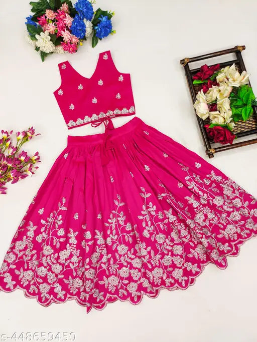 Taffeta silk gota embroidered lehenga choli set for girls, traditional ethnic wear with sleeveless top and matching skirt