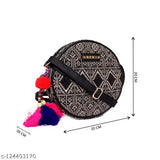 Canvas round sling bag with pompoms, sustainable eco-friendly cotton, free size, printed net pattern