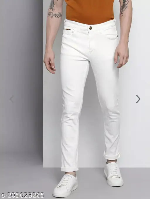 White cotton blend comfort stretch jeans for men on display, ideal for a casual outfit