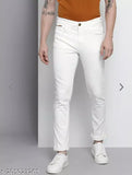 White cotton blend comfort stretch jeans for men on display, ideal for a casual outfit