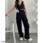 Black cotton blend Korean 5 pocket cargo pants, high-waist and wide leg, trendy and breathable