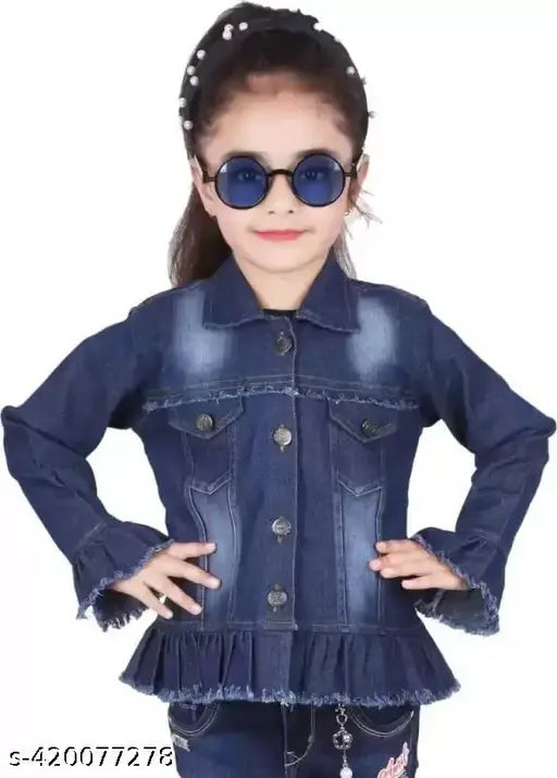 Dark denim Firrl jacket, long sleeves, solid pattern for kids aged 9-11 years. Made in India