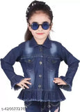 Dark denim Firrl jacket, long sleeves, solid pattern for kids aged 9-11 years. Made in India