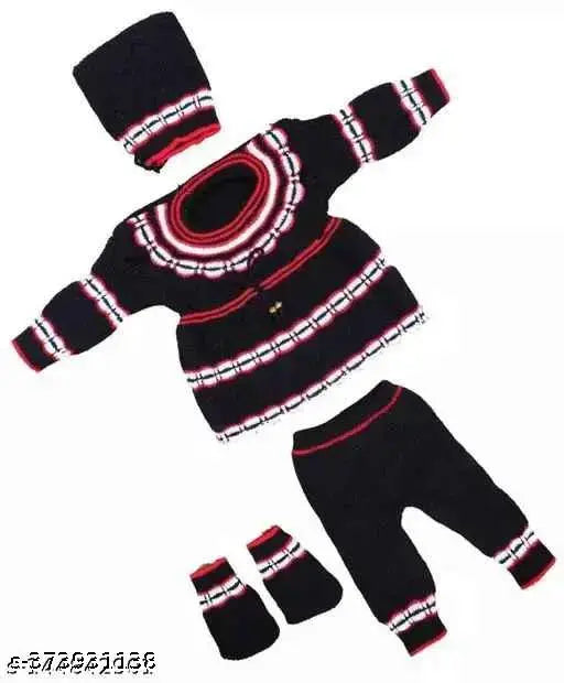 Wool self-design net new born baby winter special 4pc complete frock for kid in various sizes (0-2M, 0-3M, 0-6M, 2-4M) from India