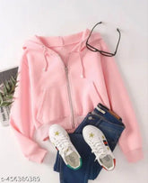 Fleece trendy crop hoodie jacket, solid color, available in S-XXL sizes (India)
