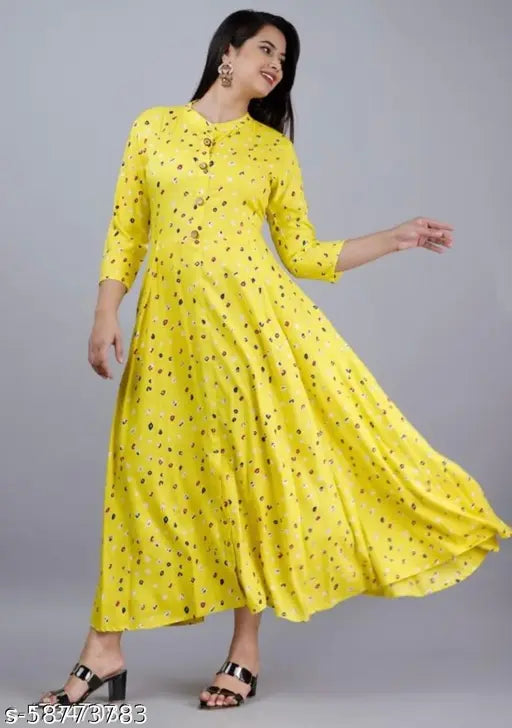 Taffeta silk, printed graceful kurti with three-quarter sleeves. Indian fashion wear for women, sizes M to XXL