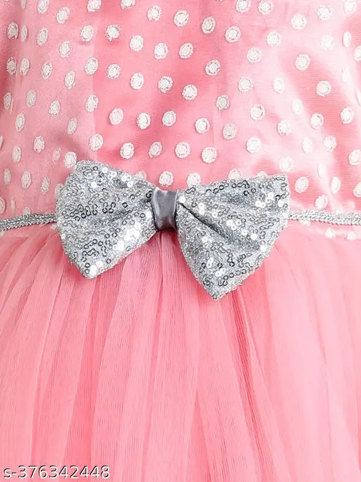 Dusty rose net knee length party dress for girls, printed with toy balloons, ideal for playwear