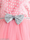 Dusty rose net knee length party dress for girls, printed with toy balloons, ideal for playwear
