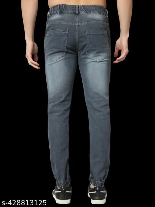 Mens grey stretch denim jogger, stylish and comfortable men's workout wear, solid pattern, size 26/28/30/32 (waist 26/28/30/32, length 39in, hip 34/36/38/40in), made in India