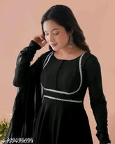 Black lace Georgette kurta with three-quarter sleeves, solid design. Single size S (36in bust, 52in length), M (38in bust, 52in length), L (40in bust, 52in length), XL (42in bust, 52in length), XXL (44in bust, 52in length). Indian kurta and dupatta