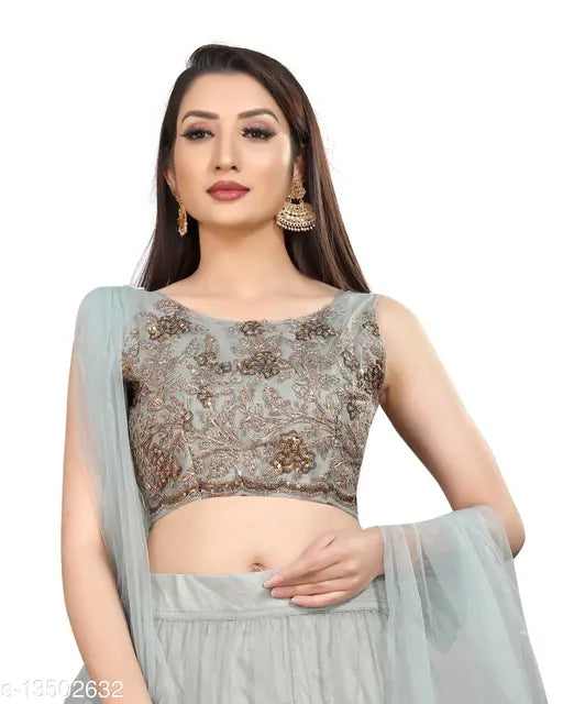 Grey nylon net zari work floral party lehenga choli with embroidered dupatta, semi-stitched Indian traditional wear for festive occasions