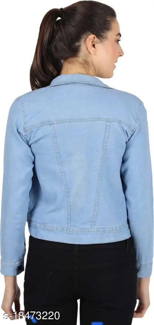 Light blue denim solid cotton jacket for girls, full sleeve length, solid pattern, Made in India