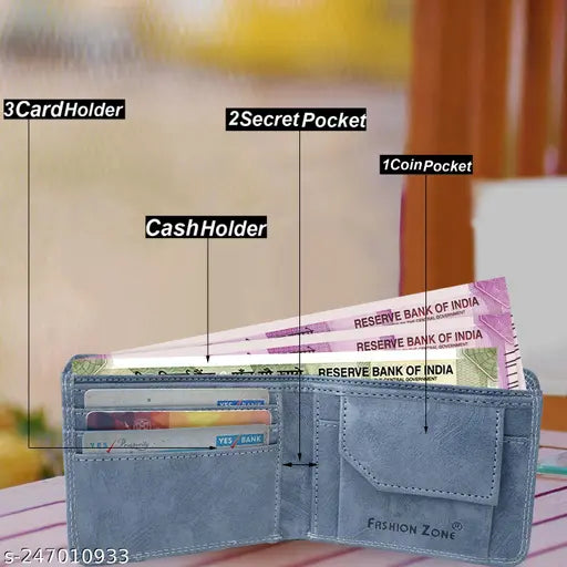 Faux leather blue men's wallet by Fashion Zone, features 3 credit card slots, 2 secret compartments, 2 currency sections, and 1 coin pocket. Solid design, perfect for everyday use. Made in India
