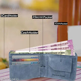 Faux leather blue men's wallet by Fashion Zone, features 3 credit card slots, 2 secret compartments, 2 currency sections, and 1 coin pocket. Solid design, perfect for everyday use. Made in India