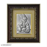 Silver-plated Ladu Gopal Ji photo frame, 16cm x 15cm for home temple decor, Indian Krishna idol