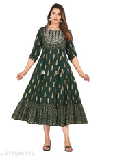 Indian rayon embroidered long kurti by Manbhar Fashion, three-quarter sleeves