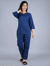 Women's cotton printed blue top & pyjama nightsuit set, comfortable sleepwear in three-quarter sleeves