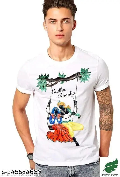 Trendy classic cotton-silk Radha Kaanha print men's t-shirt, short sleeves, vibrant Indian design