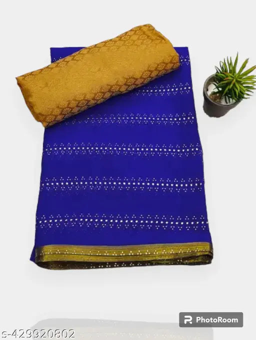Chiffon Gold Foil Embellished Saree with Separate Brocade Blouse - Trending party wear, Indian saree collection