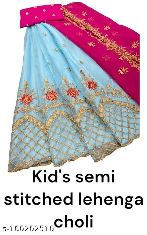 Semi-stitched net dupion silk lehenga choli for kids, embroidered with cut work border, suitable for ages 9-12 years and heights/waists up to 35-36 inches, made in India