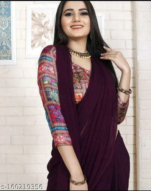 Indian Georgette saree in solid pattern with separate satin silk blouse, single free size (5.5m saree length, 0.8m blouse length)