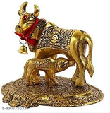 Brass golden Kamdhenu cow & calf figurine, symbolizing Hindu motherly love and prosperity, originated from India