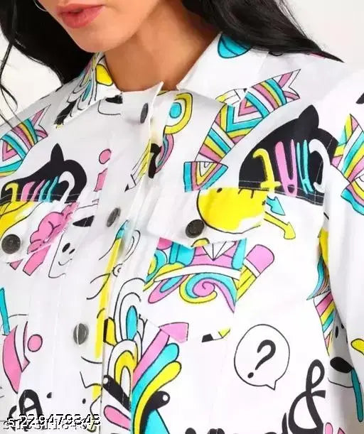 Multicolor cotton-blend designer denim jacket for women, printed pattern on long sleeves. Comfortable fit perfect for any occasion. Pair with jeans for an outgoing date or casual style. Imported from India