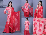 Women's printed rayon kurta set with sharara, rayon dupatta and bottomwear in three-quarter sleeves. Indian traditional outfit on model