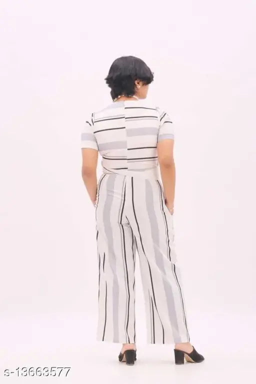 White poly crepe Coccon jumpsuit with V-neck and striped pattern, short sleeves. S, M, L sizes available. Made in India