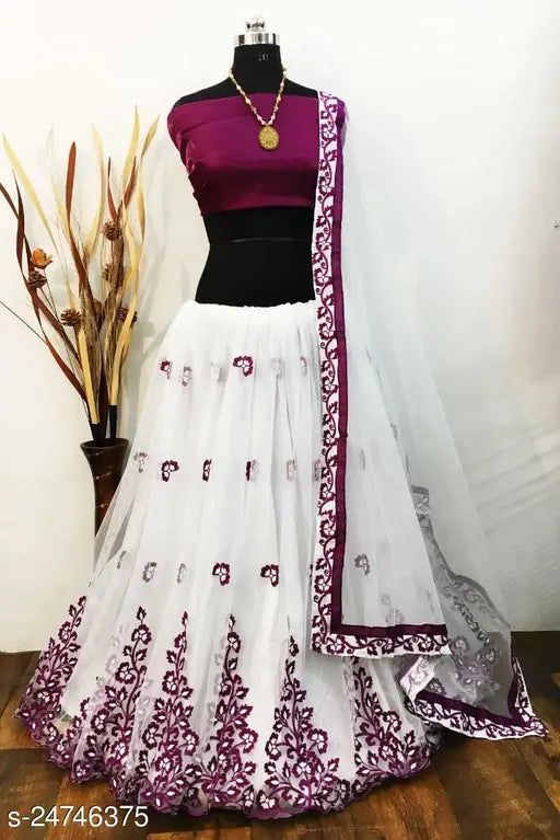 Indian embroidered taffeta silk lehenga, net dupatta set for Navratri partywear