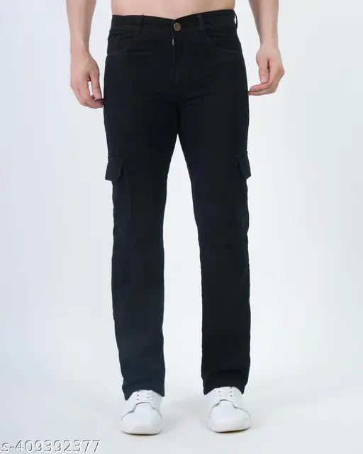 Black denim men's jeans with 6 pockets, straight fit, size 28x38, India-made