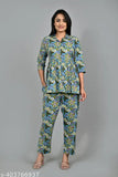 Multi-colored premium cotton printed elegant top & pant coord set, trendy pocket, three-quarter sleeves. Indian-made fashionable sleepwear set for women