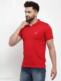 Red cotton rich Unicops men's polo neck short sleeve embossed T-shirt, self-design pattern on display