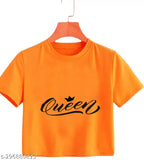 Orange slim-fit women's cotton blend QUEEN printed crop top, boho style and trendy fashion accessory